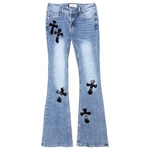 Austin Landing Mid Rise Light Wash Flare Jeans Black Cross Design Sz 1 (25x31)
